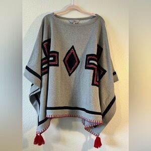 Roja Collection Embroidered Tassel Hem Poncho Gray w/ Bold Geometric Design XL